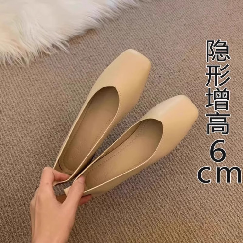 內增高淺口單鞋女夏2024新款一腳蹬方頭豆豆鞋粗跟晚晚風奶奶鞋女