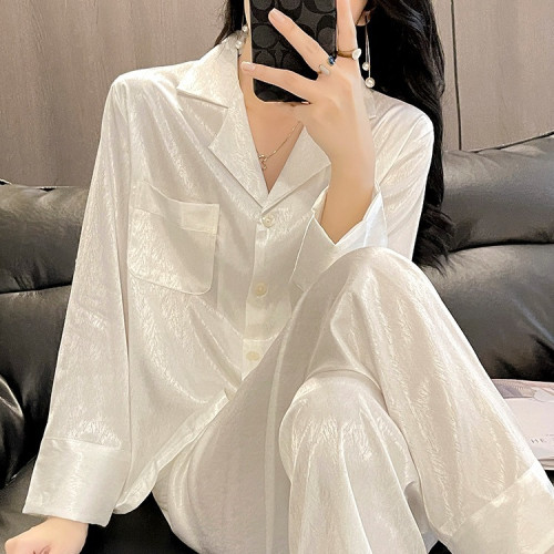 2024新款春季薄款冰絲睡衣女夏高級感長袖長褲提花開衫女士家居服