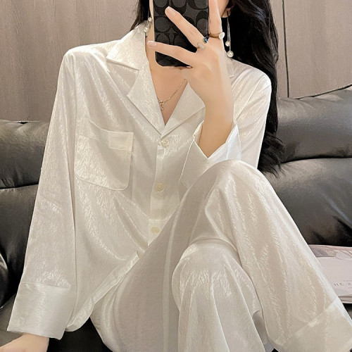 2024新款春季薄款冰絲睡衣女夏高級感長袖長褲提花開衫女士家居服