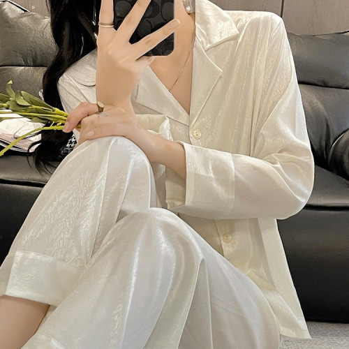 2024新款春季薄款冰絲睡衣女夏高級感長袖長褲提花開衫女士家居服