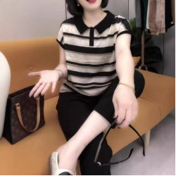 24551大愛美依緣2025夏季新款翻領減齡條紋打底衫時尚九分褲女裝