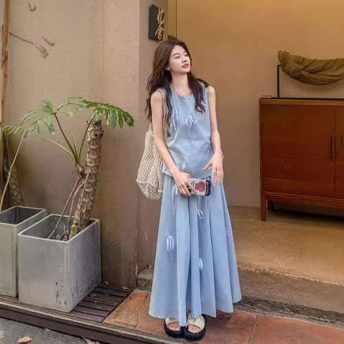 時尚套裝小衆立體蝴蝶結背心女裝夏季高腰半身裙A字裙氣質兩件套