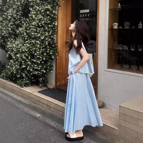 時尚套裝小衆立體蝴蝶結背心女裝夏季高腰半身裙A字裙氣質兩件套