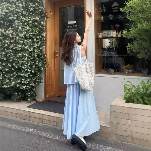 時尚套裝小衆立體蝴蝶結背心女裝夏季高腰半身裙A字裙氣質兩件套