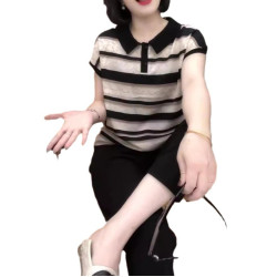 24551大愛美依緣2025夏季新款翻領減齡條紋打底衫時尚九分褲女裝