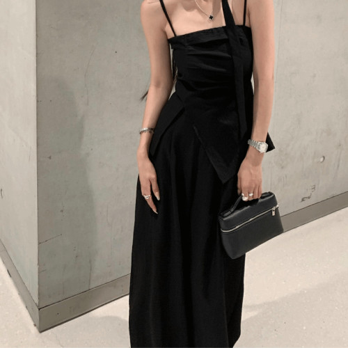 小個子穿搭套裝辣妹飄帶短款吊帶背心女夏季休閒濶腿褲黑色兩件套