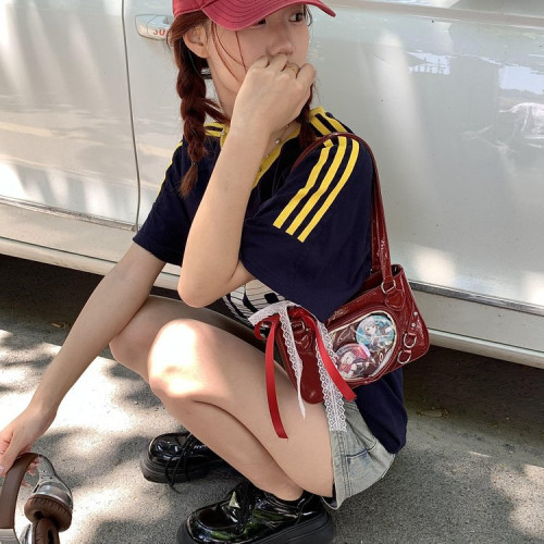 日系蕾絲甜酷辣妹小食量透明愛心吧唧包單肩斜背腋下通勤痛包