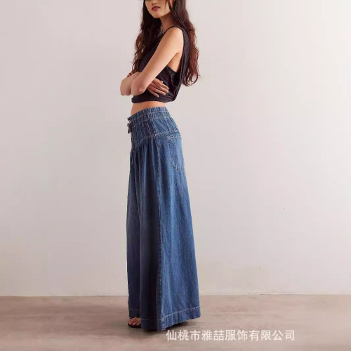 2024獨立站新款褶皺中腰系帶寬松濶腿牛仔褲女