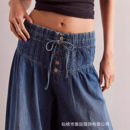 2024獨立站新款褶皺中腰系帶寬松濶腿牛仔褲女
