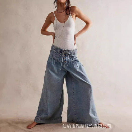 2024獨立站新款褶皺中腰系帶寬松濶腿牛仔褲女