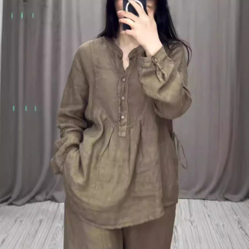 2024歐美獨立站秋新款時尚舒適棉麻長袖半開襟休閒抽褶濶腿褲套裝