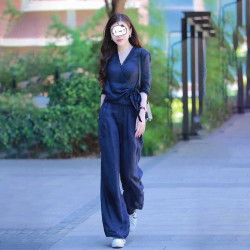 高級感韓版休閒套裝女2024夏季新款時尚輕奢收腰顯瘦上衣濶腿褲潮