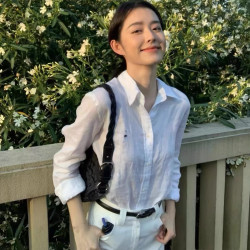 RL小馬標刺綉亞麻襯衫女經典老錢風明星同款時尚穿搭休閒通勤襯衣