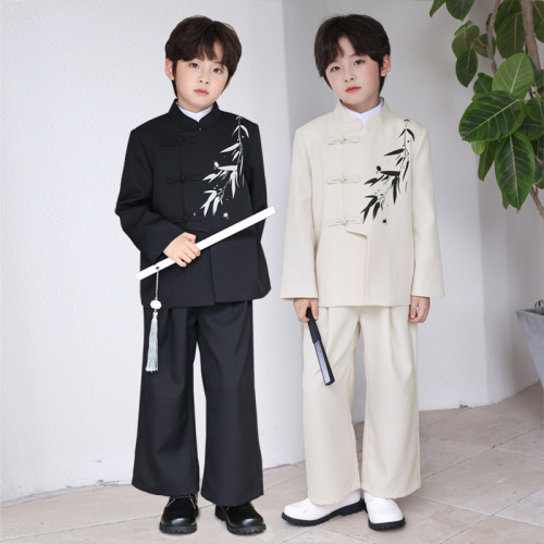 男童新中式禮服水墨竹子印花盤釦中山裝外套兒童國風立領西服唐裝