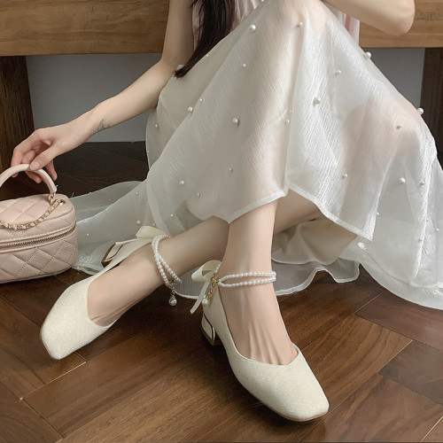 7366 瑪麗珍仙女伴娘鞋婚宴秀禾兩穿新娘鞋女方頭珍珠單鞋配裙子