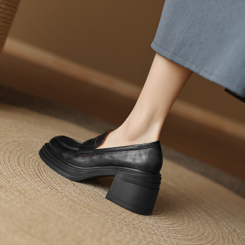 牛皮/7cm/春秋百搭黑色真皮復古粗跟厚底英倫風圓頭軟底時尚單鞋~