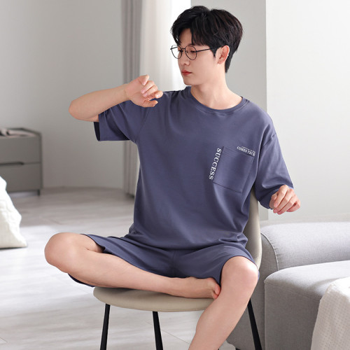 夏季新款時尚男士睡衣純棉短袖短褲寬松薄款大碼套裝簡約風家居服