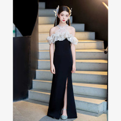 兒童禮服黑色鋼琴考級小提琴演奏長款女童禮服演出服氣質小主持人
