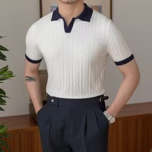 夏季透氣意式拼色輕熟潮男Polo衫V翻領彈力提花紋理修身短袖針織
