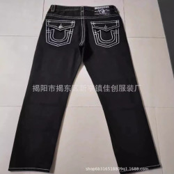 美式高街潮牌True牛仔褲男白色粗線宗教大彿信仰直筒寬松休閒褲潮