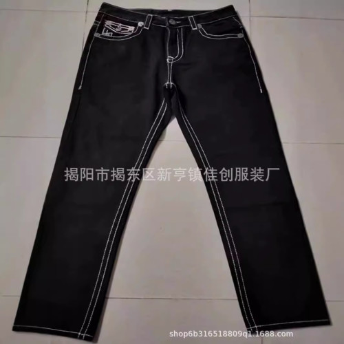 美式高街潮牌True牛仔褲男白色粗線宗教大彿信仰直筒寬松休閒褲潮