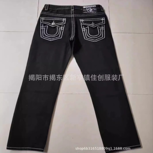 美式高街潮牌True牛仔褲男白色粗線宗教大彿信仰直筒寬松休閒褲潮