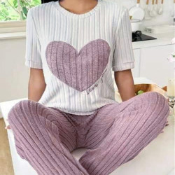 甜美愛心睡衣女套裝秋季新款氣質圓領短袖長褲兩件套舒適家居服潮
