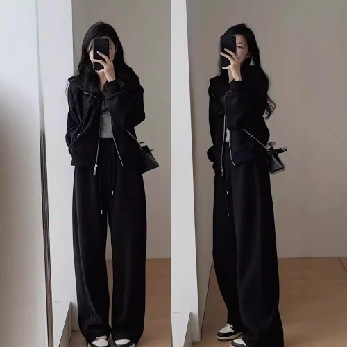 秋冬休閒衛衣運動衣服女套裝時尚顯瘦減齡濶腿褲連帽跑步兩件套潮