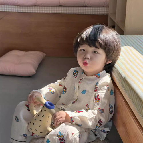 2025春秋兒童棉紗布家居服套裝韓版寶寶卡通長袖長褲兩件套男女童