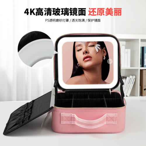 PU皮質化妝包帶鏡子大容量化妝師專用LED燈化妝鏡多功能收納包箱