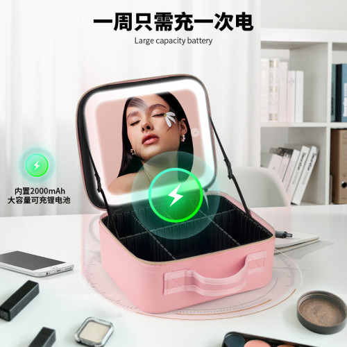 PU皮質化妝包帶鏡子大容量化妝師專用LED燈化妝鏡多功能收納包箱