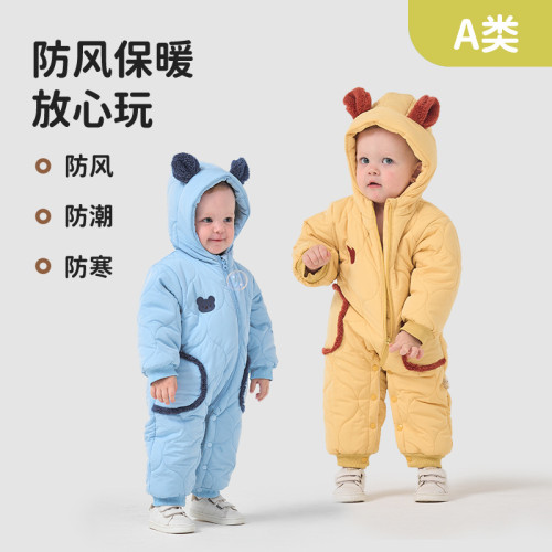 寶寶冬款加厚保暖連體衣新生兒梭織爬服幼兒外出服嬰幼兒衣服