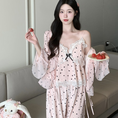 愛心波點冰絲睡衣女套裝性感吊帶帶胸墊三件套可外穿家居服甜美