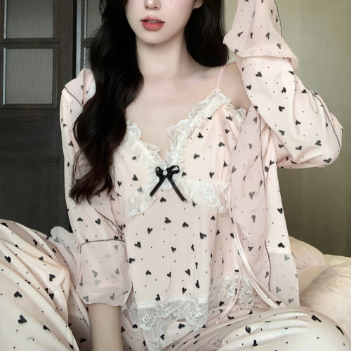 愛心波點冰絲睡衣女套裝性感吊帶帶胸墊三件套可外穿家居服甜美