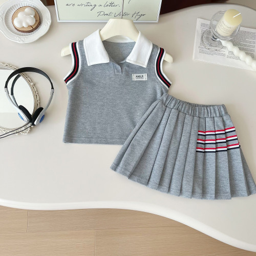 2025夏季新款韓版女童POLO衫短裙套裝女孩可愛無袖兩件套24381