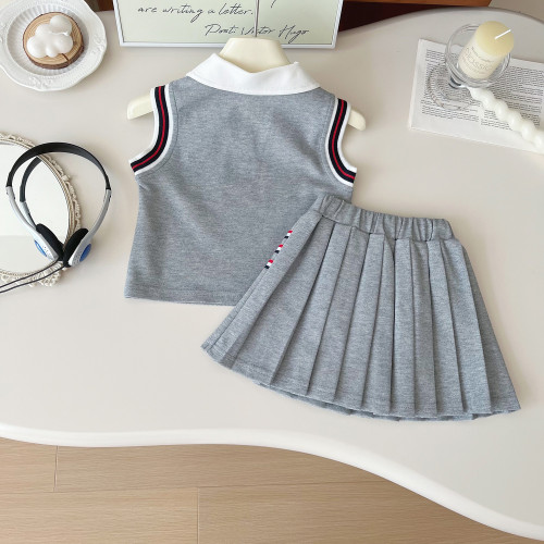 2025夏季新款韓版女童POLO衫短裙套裝女孩可愛無袖兩件套24381