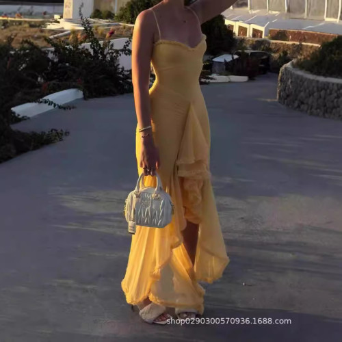 秋季新 氣質黃色吊帶花邊長款連衣裙辣妹吊帶裙dress