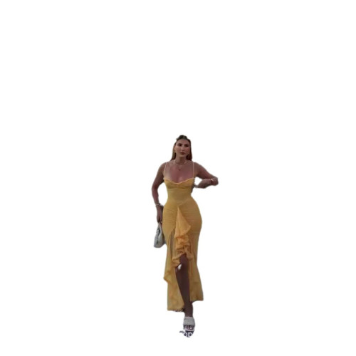 秋季新 氣質黃色吊帶花邊長款連衣裙辣妹吊帶裙dress