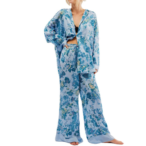 歐美爆款真絲緞面印花家居服套裝居家服套裝