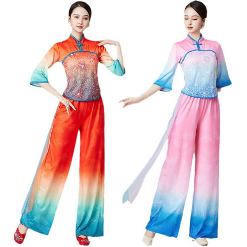 新款廣場舞古典扇子舞演出服服裝舞蹈秧歌套裝中老年