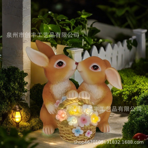 太陽能情侶兔子提籃裝飾擺件家居裝飾花園庭院樹脂工藝品套裝