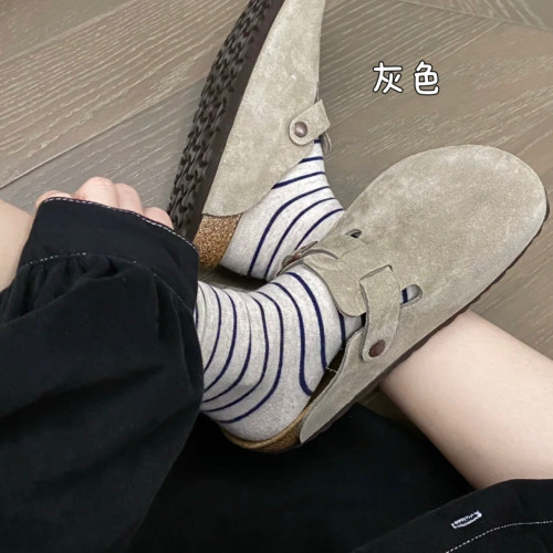 【】大碼真皮勃肯鞋女春秋新款厚底包頭半拖一腳蹬博肯鞋