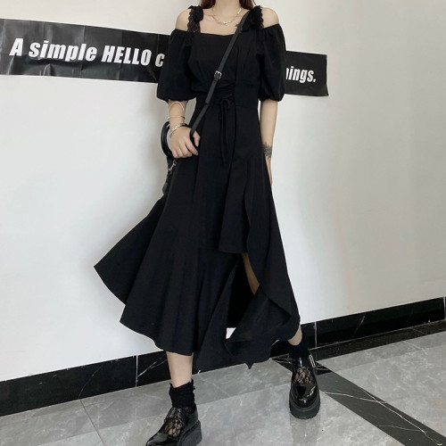 黑色赫本風長裙女2024夏季新款遮肚子不規則過膝顯瘦吊帶連衣裙