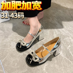 【A-178-B73】銀色瑪麗珍鞋一字帶法式大碼高跟鞋女胖腳寬腳女鞋