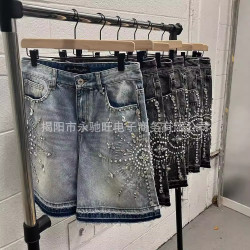 重工鑲鑽牛仔短褲男時尚潮牌美式個性街頭2024夏季新款休寬松短褲