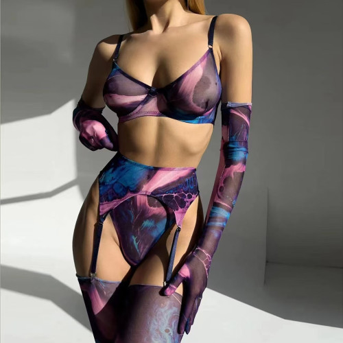 歐美爆款紥染炫彩小胸聚攏網紗性感情趣內衣五件套裝女