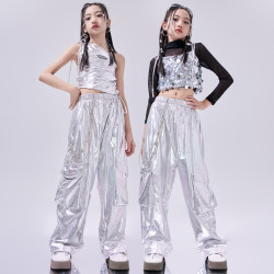 女童爵士舞服裝銀色亮片潮酷炸街兒童jazz走秀演出服架子鼓表演服
