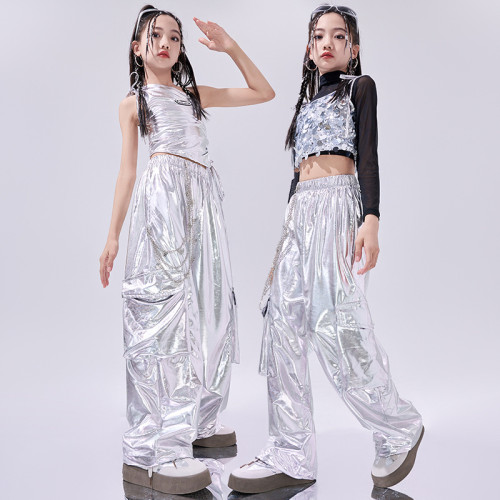 女童爵士舞服裝銀色亮片潮酷炸街兒童jazz走秀演出服架子鼓表演服