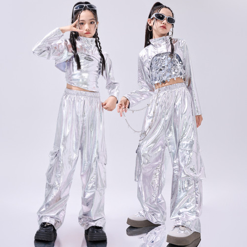 女童爵士舞服裝銀色亮片潮酷炸街兒童jazz走秀演出服架子鼓表演服