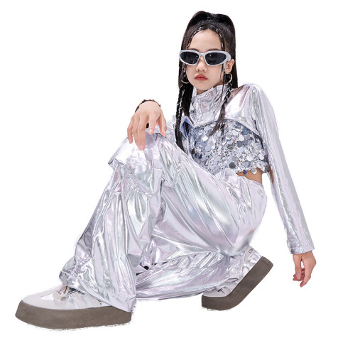 女童爵士舞服裝銀色亮片潮酷炸街兒童jazz走秀演出服架子鼓表演服